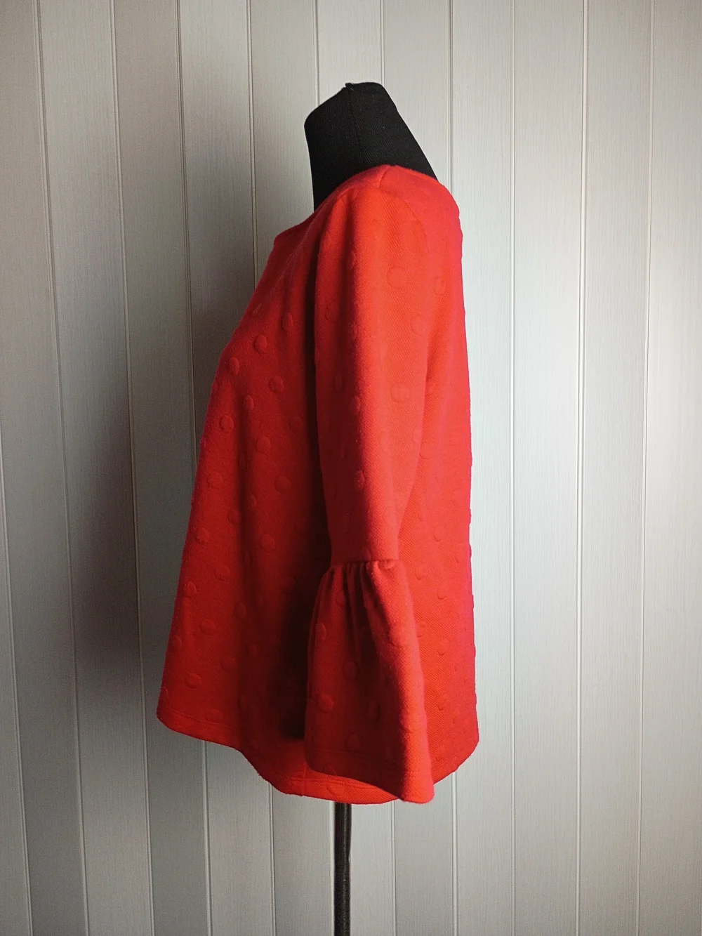 W5 Red Textured Bell Sleeve Tunic Top Blouse Polka Dot Popcorn Coquette Boho M - Picture 7 of 12